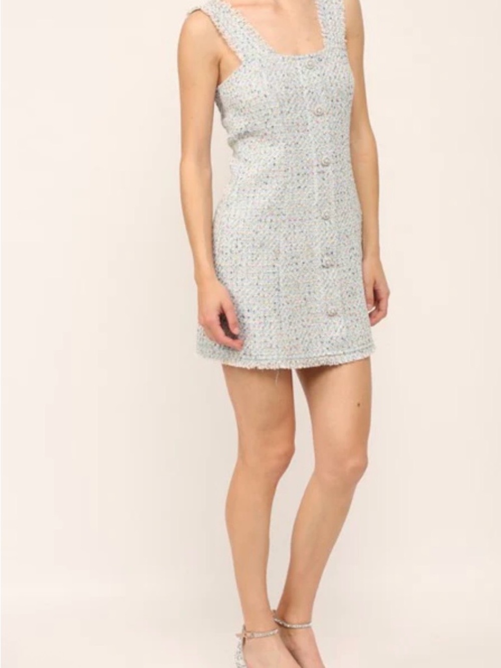 Sleeveless Tweed Mini Dress in Pale Blue